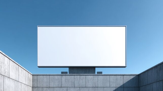Blank white billboard on concrete wall against clear blue sky, minimalist mockup