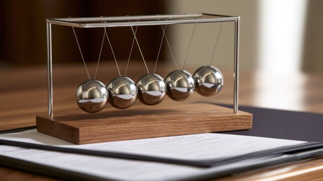Close-up of metallic Newton's cradle desktop toy with five shiny silver balls suspended on thin wires above wooden base on office table background