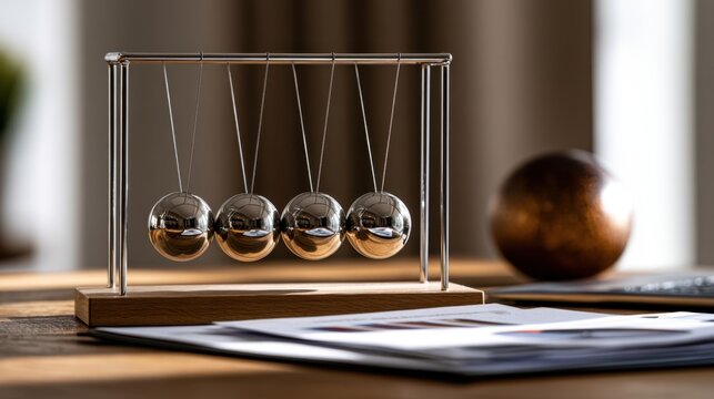 Newton's cradle kinetic desk toy with five silver steel balls demonstrating momentum and energy transfer on wooden table in modern office workspace