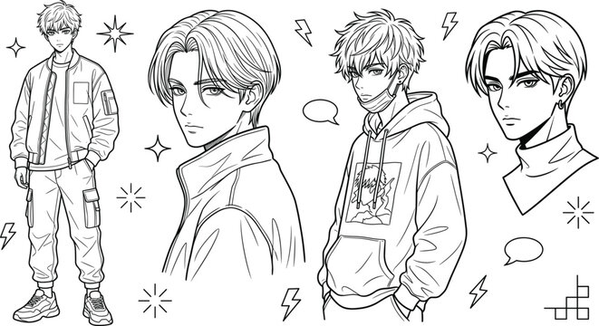 Anime Boy and Manga Character Vector Set Featuring Handsome Male Portraits, Streetwear Outfits, Modern Hairstyles, and Cool Fashion Sketches for Comic Book Designs