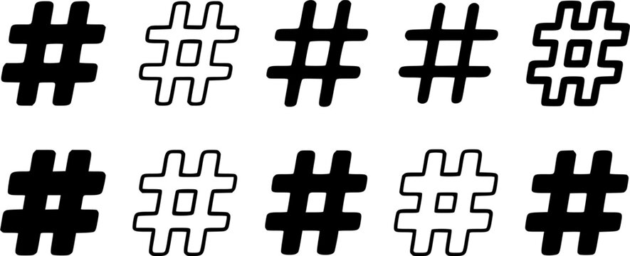 Hashtag and number sign icon set featuring solid black and outline hashtag symbols for social media, tagging, and topic indexing vector illustration.