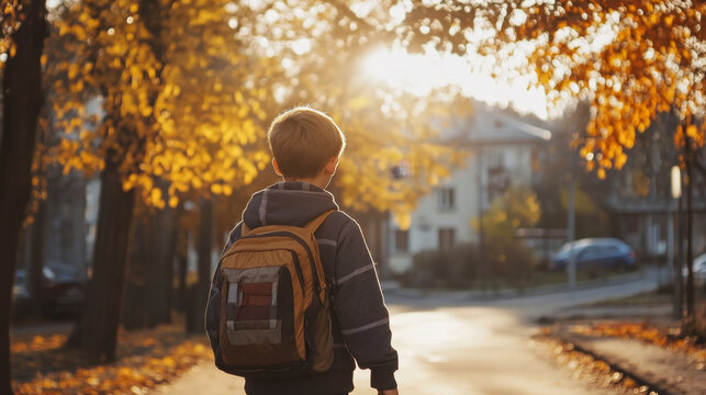 Schoolboy Walking Home on Sunny Autumn Street