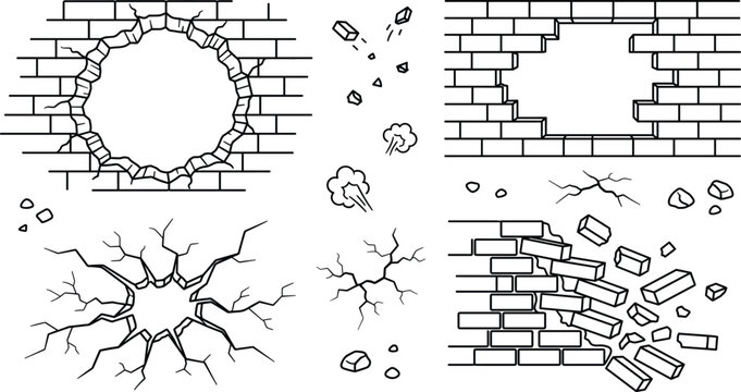 Broken brick wall outline vector illustration icon set featuring holes cracks surface destruction and crashing bricks from impact