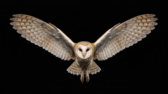 Barn owl flying towards camera with wings spread wide against black background