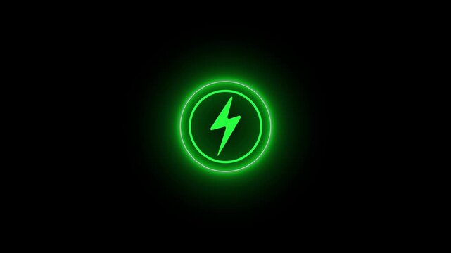 Neon glowing battery charging icon animation with neon circle. Neon power button icon color glowing colorful animation in black background, 4k video.