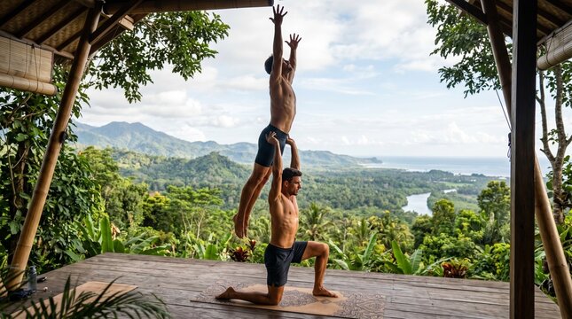 Athletic men perform acroyoga on an outdoor platform, demonstrating balance and strength against a lush tropical backdrop, embodying harmony and connection to nature