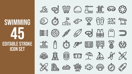 Minimalist editable stroke icons illustrating swimming, aquatic sports, training, leisure, competition, safety, equipment, and water‑based recreation activities. © Aoni