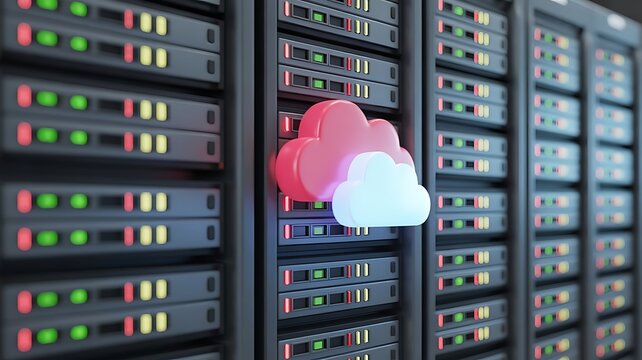 Digital cloud computing concept with a3d pink and white cloud floating in front of a modern server rack in a secure data center facility