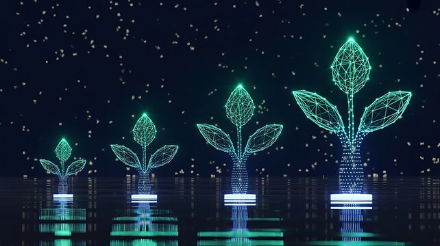 Digital growth concept with glowing wireframe plants in progressive sizes on a dark background, representing technological advancement, and innovation