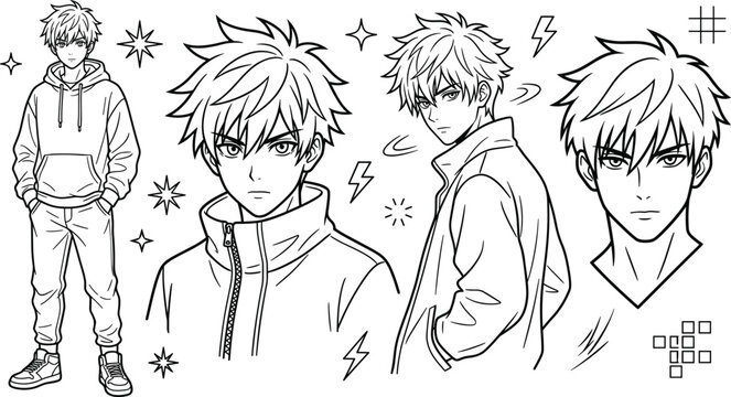 Manga Style Anime Boy Vector Set Featuring Spiky Hairstyle Characters, Streetwear Hoodies, Edgy Male Portraits, and Cool Sketch Elements for Comic Layouts