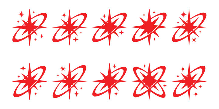 Set of red star icons with rings and sparkles for graphic design and decoration