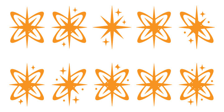 Set of orange star sparkle icons and glitter shapes for decoration and graphic design elements