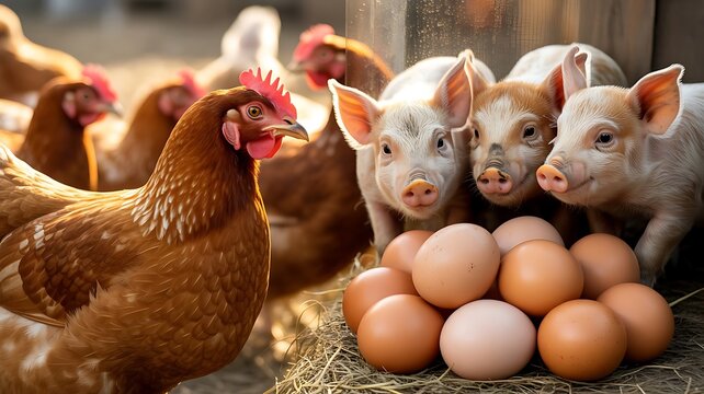 Farm life scene featuring a brown hen and three small piglets standing near a nest of fresh brown chicken eggs in a rustic outdoor setting