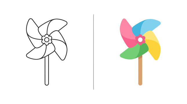 Colorful toy pinwheel outline and flat vector graphic.
