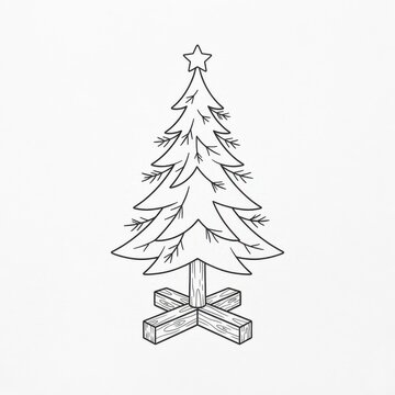 Simple line drawing of a Christmas tree with a stand
