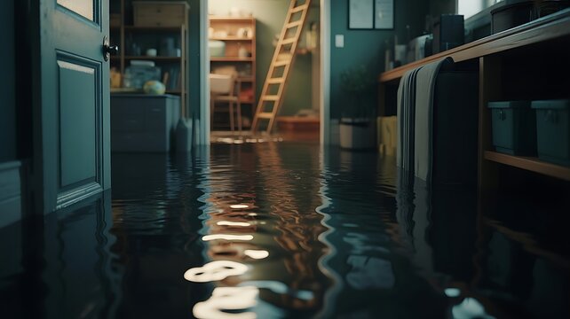 Flooded room interior with dark water covering the floor reflecting the furniture and a wooden ladder leading to an upper level in a dark house