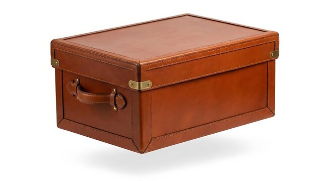 Brown leather storage trunk with brass hardware.