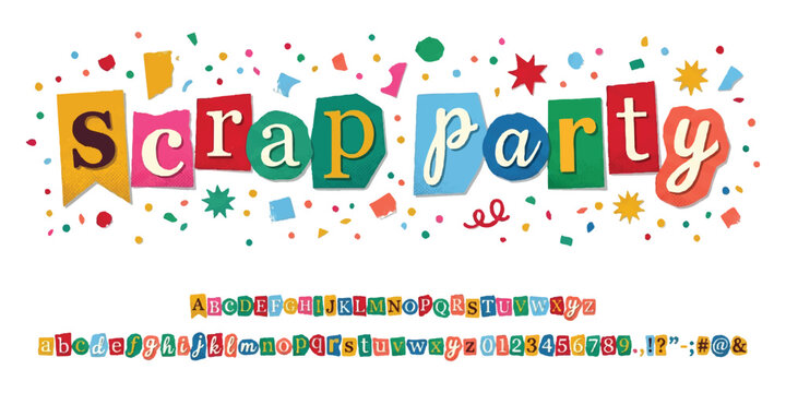 Colorful scrap party ransom note style alphabet letters numbers and symbols set for creative design