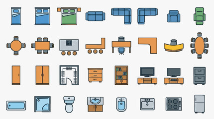 Minimalist Flat Icons Set of Colorful Furniture Beds Bathroom Fixtures and Living Room Essentials © Yono