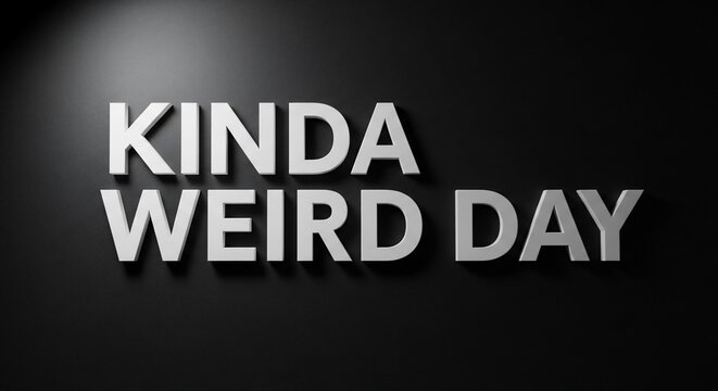Kinda Weird Day text rendered in 3D silver letters on a dark background.