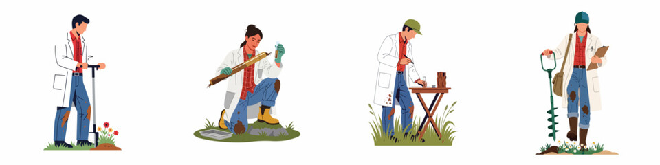 Fototapeta premium Illustrations of soil scientists and agronomists performing field research, collecting soil samples with augers, and analyzing ground quality for agricultural studies.