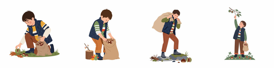 Vector illustration set of a young boy gathering, collecting, and carrying a sack of chestnuts in the autumn season.