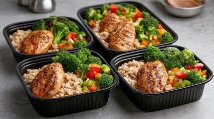 Fototapeta premium Healthy meal prep containers with grilled chicken breast, steamed broccoli, brown rice, and diced colorful bell pepper for balanced nutritious diet plan