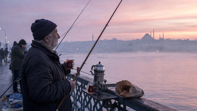 A cinematic early morning scene of a weathered Turkish fisherman in his 60s standing at a classic wooden fishing rod on the Galata Bridge over the Bosphorus at 6am