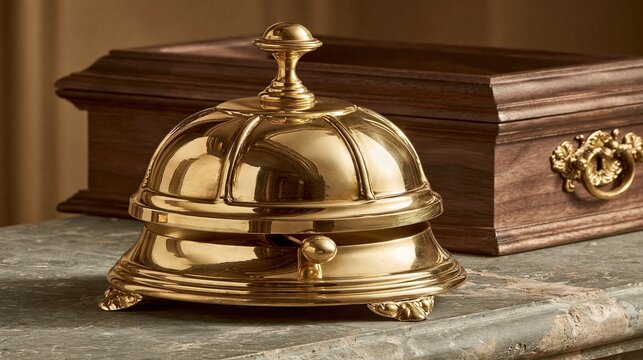 Polished brass bell rests on a stone surface beside a wooden box.