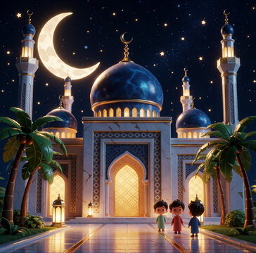 Illuminated Mosque Under Crescent Moon and Starry Night Sky