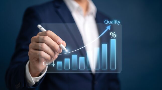 Professional businessman drawing upward trend bar graph on digital screen to represent increasing quality and decreasing operational costs for corporate strategy and business optimization