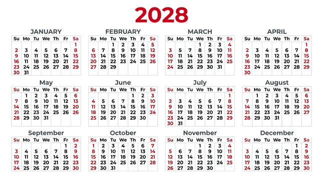 Calendar for the year 2028 displays all twelve months in a clear grid format on a white background.
