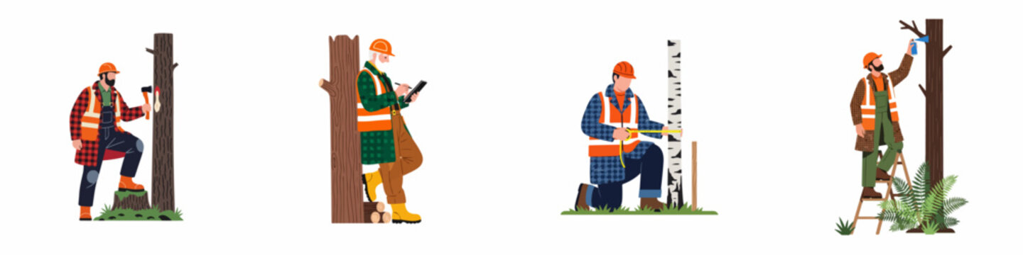 Set of forestry workers and lumberjacks performing various forest management tasks including measuring, marking, and woodcutting in a professional manner.