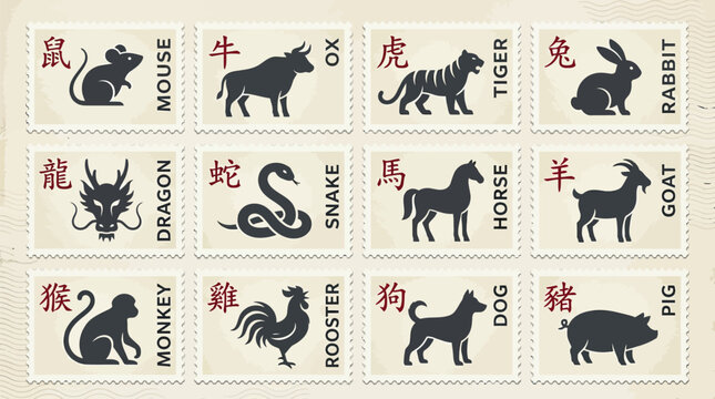 Zodiac signs are displayed as a set of twelve vintage postage stamps representing the Chinese lunar calendar cycles.
