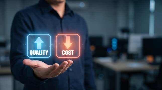 Professional individual showcasing digital quality and cost optimization icons in virtual interface to represent smart corporate decision making and financial management strategies