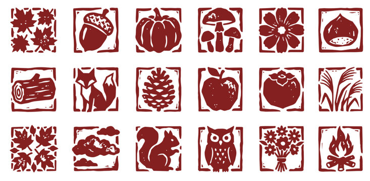 Autumn season icon set. Vector icons featuring autumn-related objects, flora, and fauna.
