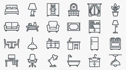 Fototapeta premium Corporate Minimalist Black and White Line Icons Set of Home and Office Furniture and Appliances for Web Design Presentations and SEO Content