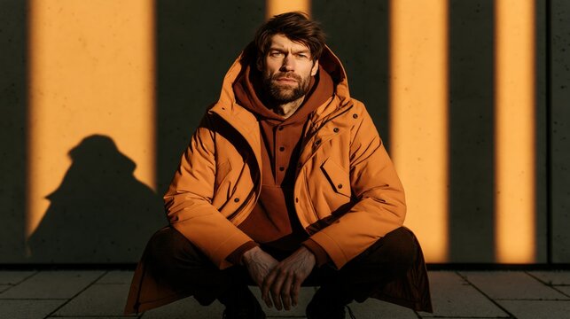 A man wearing an orange hooded jacket and sweatshirt crouches in front of a wall with striped shadows.