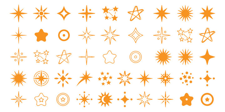 Set of hand drawn orange star and sparkle icons for decoration and design
