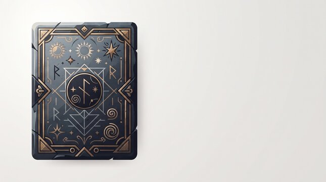 Ancient Magical Spell Book Cover with Arcane Rune Symbols, Sacred Geometry and Occult Black Gold Decorative Flat Illustration for Presentation, Fantasy Poster and Gothic Design