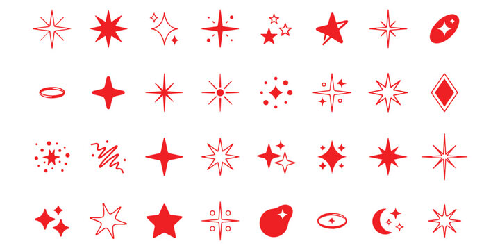 Set of various red star shapes and sparkles icon collection for design elements
