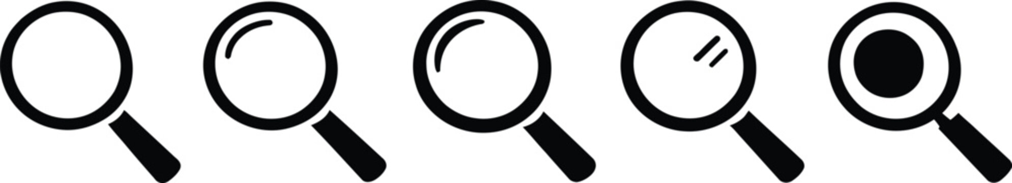 Magnifying glass search icon vector set featuring zoom and find symbols for website UI and app navigation