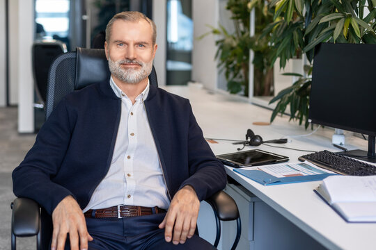 Businessman sitting at his desk in the office and smiling looking at camera