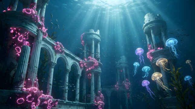 Sunken underwater ancient palace ruins with glowing pink coral and jellyfish