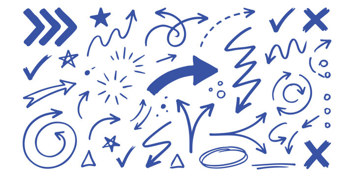 Set of blue hand drawn arrows and doodle symbols for business presentation and design elements