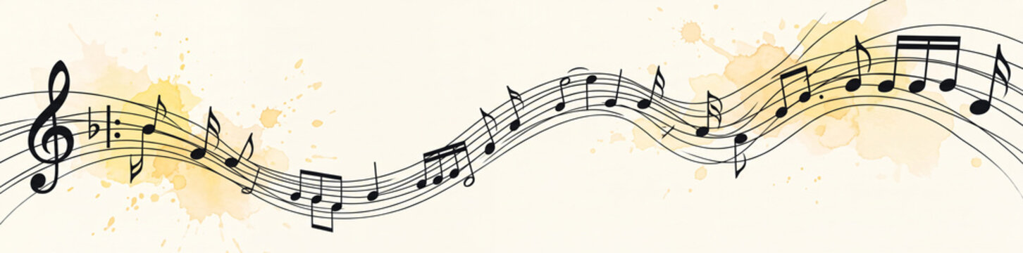 Dynamic illustration of a flowing musical staff adorned with various notes and clefs, subtly enhanced by artistic watercolor splatters, symbolizing the beautiful harmony and creative essence of music