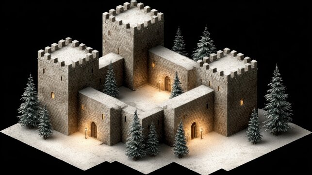 Isometric medieval stone castle fortress with pine trees in snowy winter landscape illustration