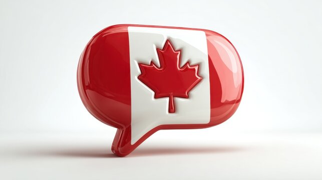 Glossy 3D speech bubble with Canadian flag maple leaf design on white