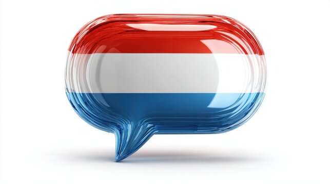 Glossy 3D speech bubble with Netherlands flag stripes on white background