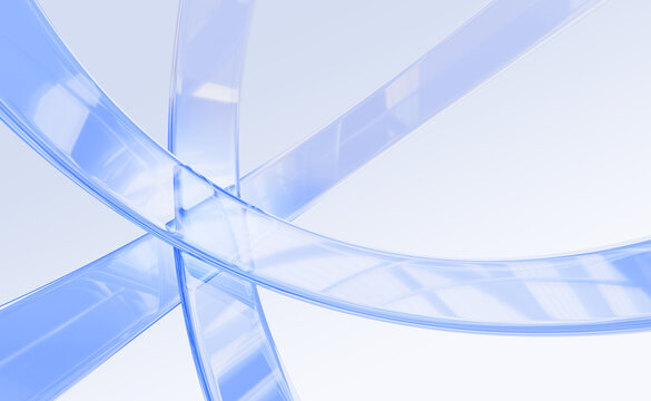 Light blue transparent circle lines, liquid glass curve ribbons on light background. Abstract plastic stripe pattern. Minimalist futuristic design for modern corporate or tech layouts. 3D illustration